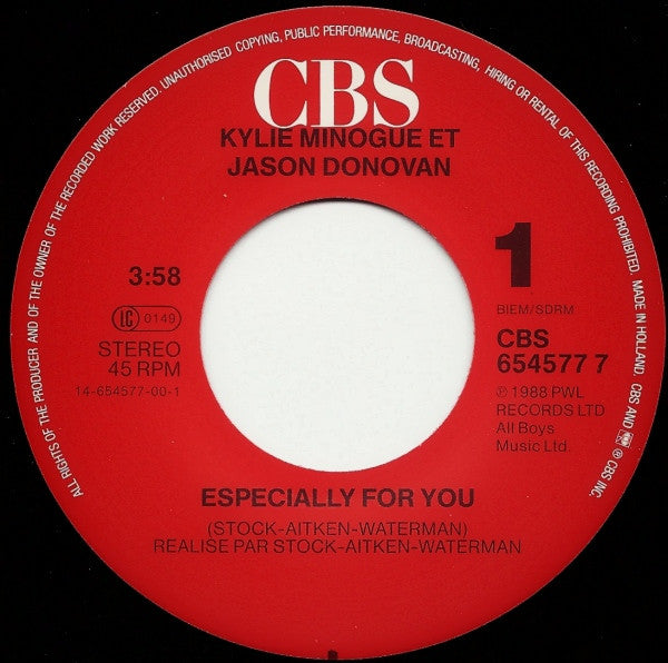 Kylie Minogue And Jason Donovan : Especially For You (7",45 RPM,Single,Stereo)