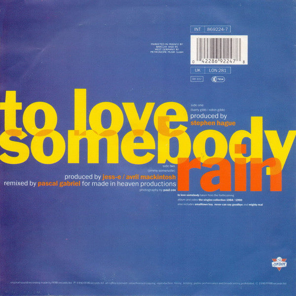 Jimmy Somerville : To Love Somebody (7",45 RPM,Single)