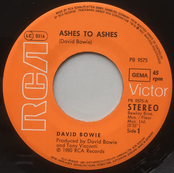 David Bowie : Ashes To Ashes (7",45 RPM,Single,Stereo)