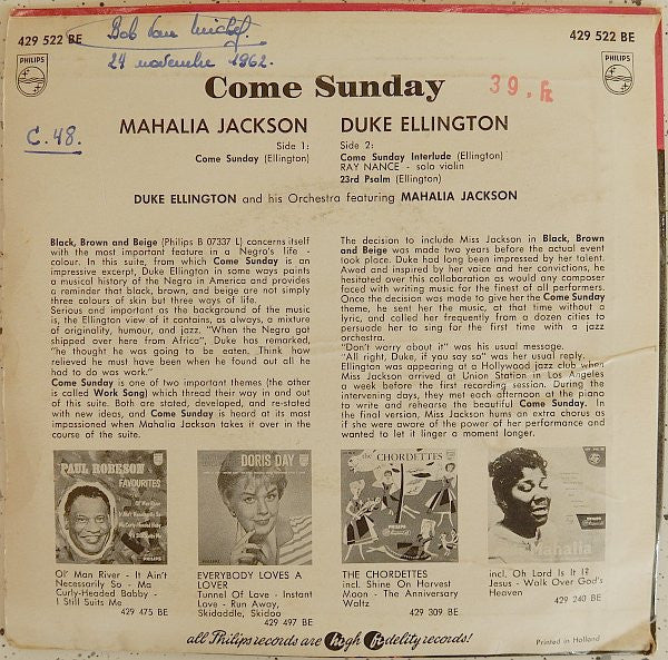 Duke Ellington Featuring Mahalia Jackson : Come Sunday (7",45 RPM,Mono)