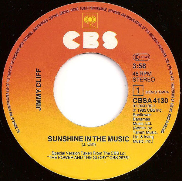 Jimmy Cliff : Sunshine In The Music (7",45 RPM,Single,Stereo)