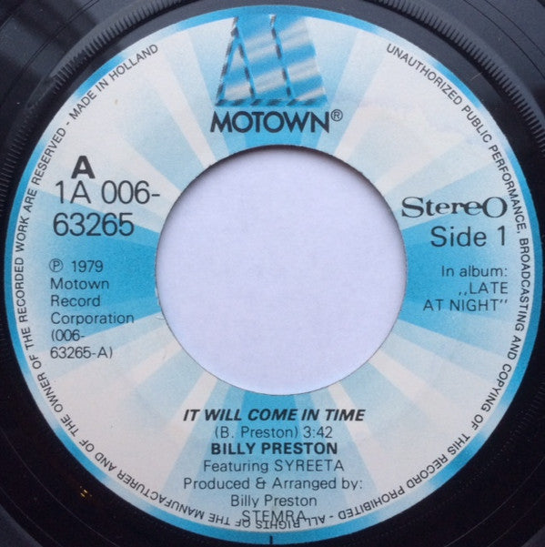 Billy Preston Featuring Syreeta : It Will Come In Time (7",45 RPM,Single)