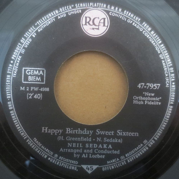 Neil Sedaka : Happy Birthday, Sweet Sixteen (7",45 RPM,Single,Mono)