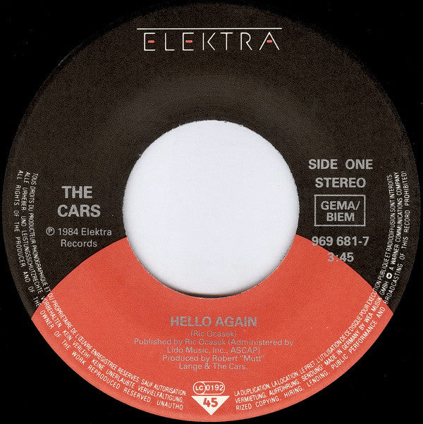 Cars, The : Hello Again (7",45 RPM,Single,Stereo)