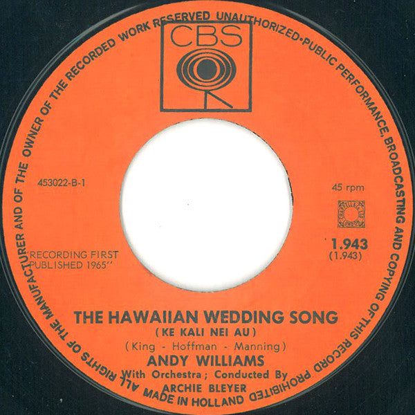 Andy Williams : The Hawaiian Wedding Song / Blue Hawaii (7",45 RPM,Single,Mono)