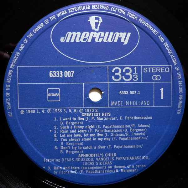 Aphrodite's Child Featuring Demis Roussos, Evangelos Papathanassiou, Lucas Sideras : Greatest Hits (LP,Compilation,Stereo)
