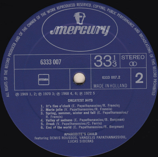 Aphrodite's Child Featuring Demis Roussos, Evangelos Papathanassiou, Lucas Sideras : Greatest Hits (LP,Compilation,Stereo)