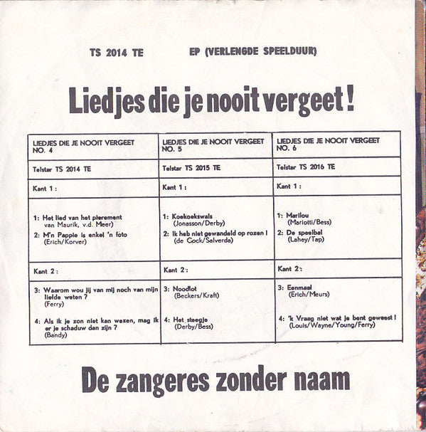 Zangeres Zonder Naam : Liedjes Die Je Nooit Vergeet 4 (7",45 RPM,EP,Single)