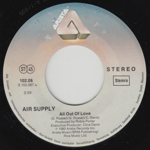Air Supply : All Out Of Love (7",45 RPM,Single,Stereo)