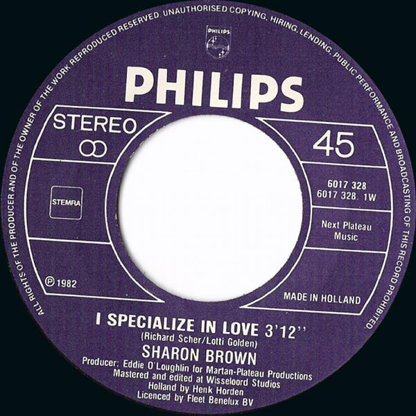 Sharon Brown : I Specialize In Love (7",45 RPM,Single,Stereo)