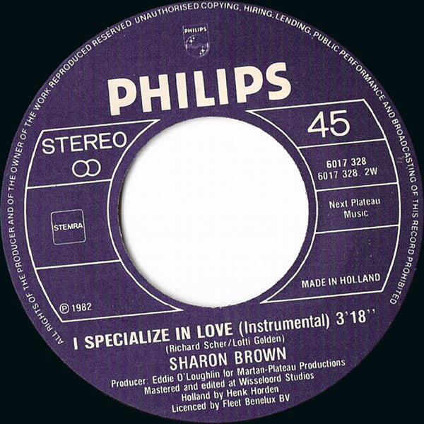 Sharon Brown : I Specialize In Love (7",45 RPM,Single,Stereo)