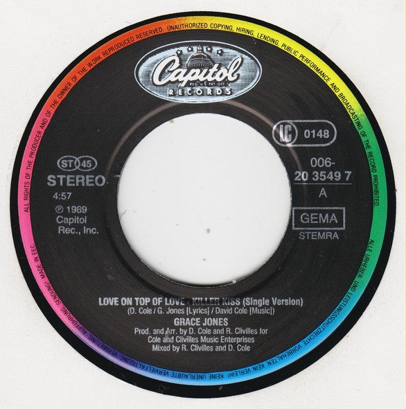 Grace Jones : Love On Top Of Love (Killer Kiss) (7",45 RPM,Stereo)