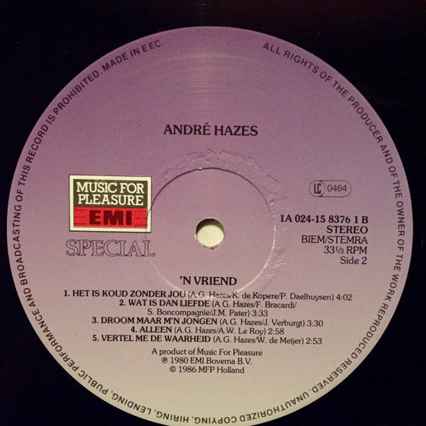 André Hazes : 'n Vriend  (LP, Album, RE)