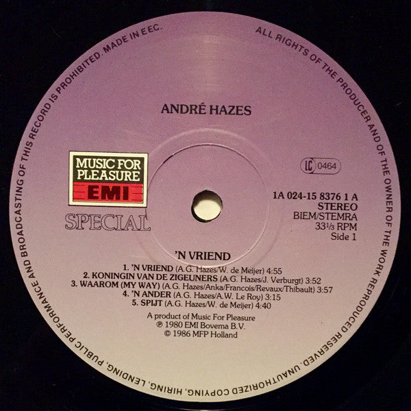 André Hazes : 'n Vriend  (LP, Album, RE)