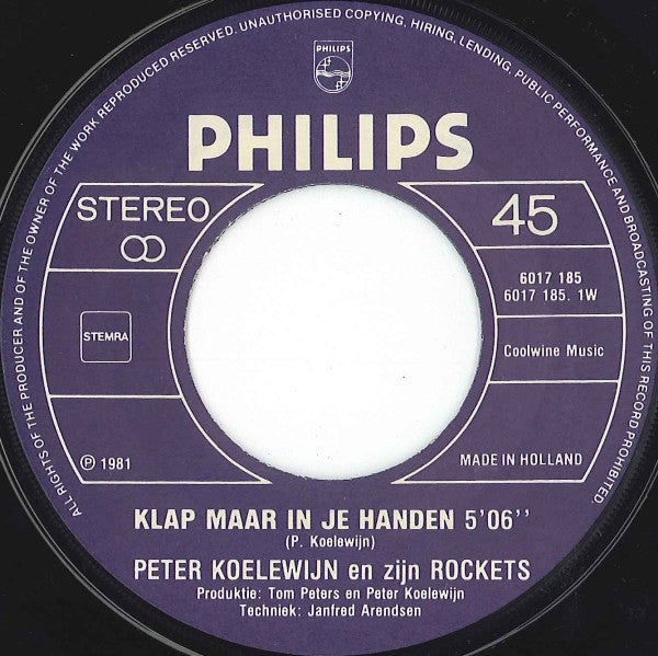 Peter Koelewijn & Zijn Rockets : Klap Maar In Je Handen (7",45 RPM)