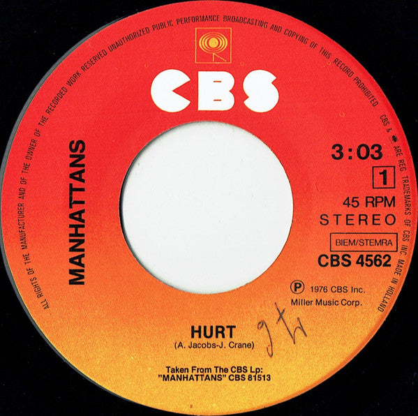 Manhattans : Hurt (7",45 RPM,Single,Stereo)