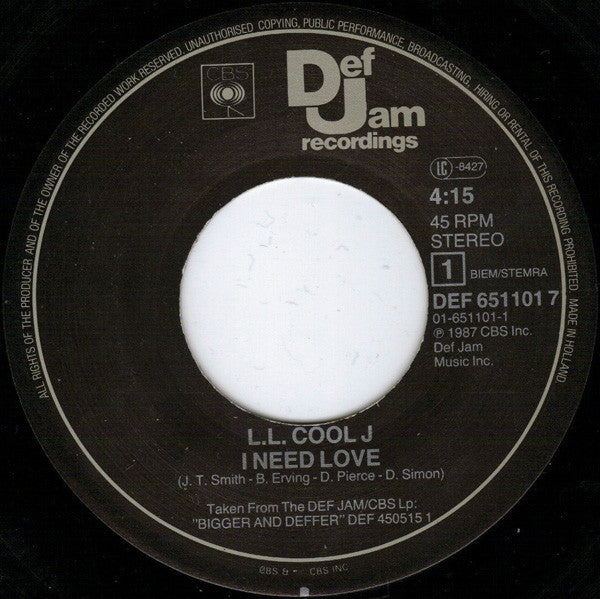 LL Cool J : I Need Love (7",45 RPM,Single,Stereo)