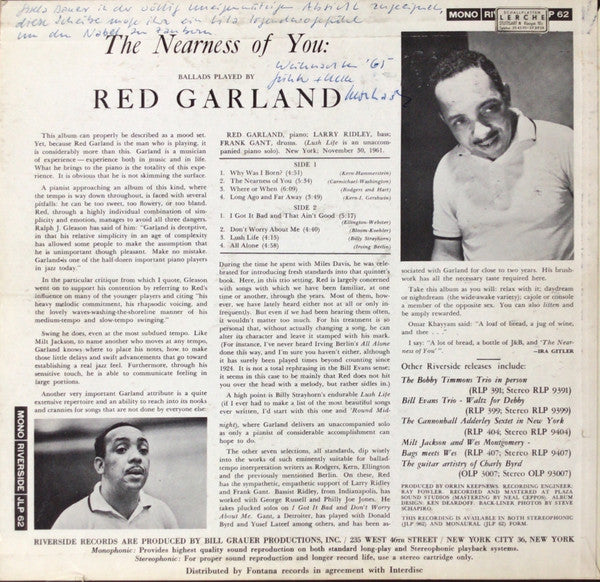 Red Garland : The Nearness Of You (LP,Album,Mono)