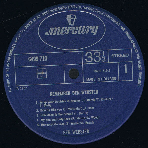 Ben Webster : Remember Ben Webster (LP,Album,Reissue,Stereo)