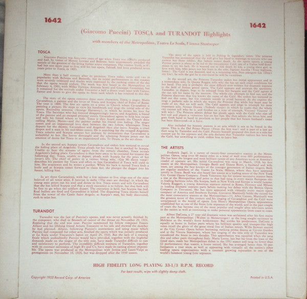 Giacomo Puccini, Orchestra Of The Metropolitan Opera Association Of New York, Coro Del Teatro Alla Scala, Wiener Staatsopernchor : Highlights Tosca-Turandot With Members Of The Metropolitan Opera Association, Teatro La Scala, Vienna Staatsoper (LP,Album)